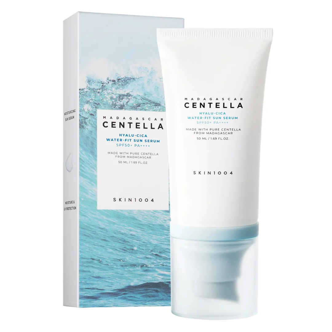 SKIN1004 Madagascan Centella Hyalu-Cica Water-Fit Sun Serum packaging and tube on a white background