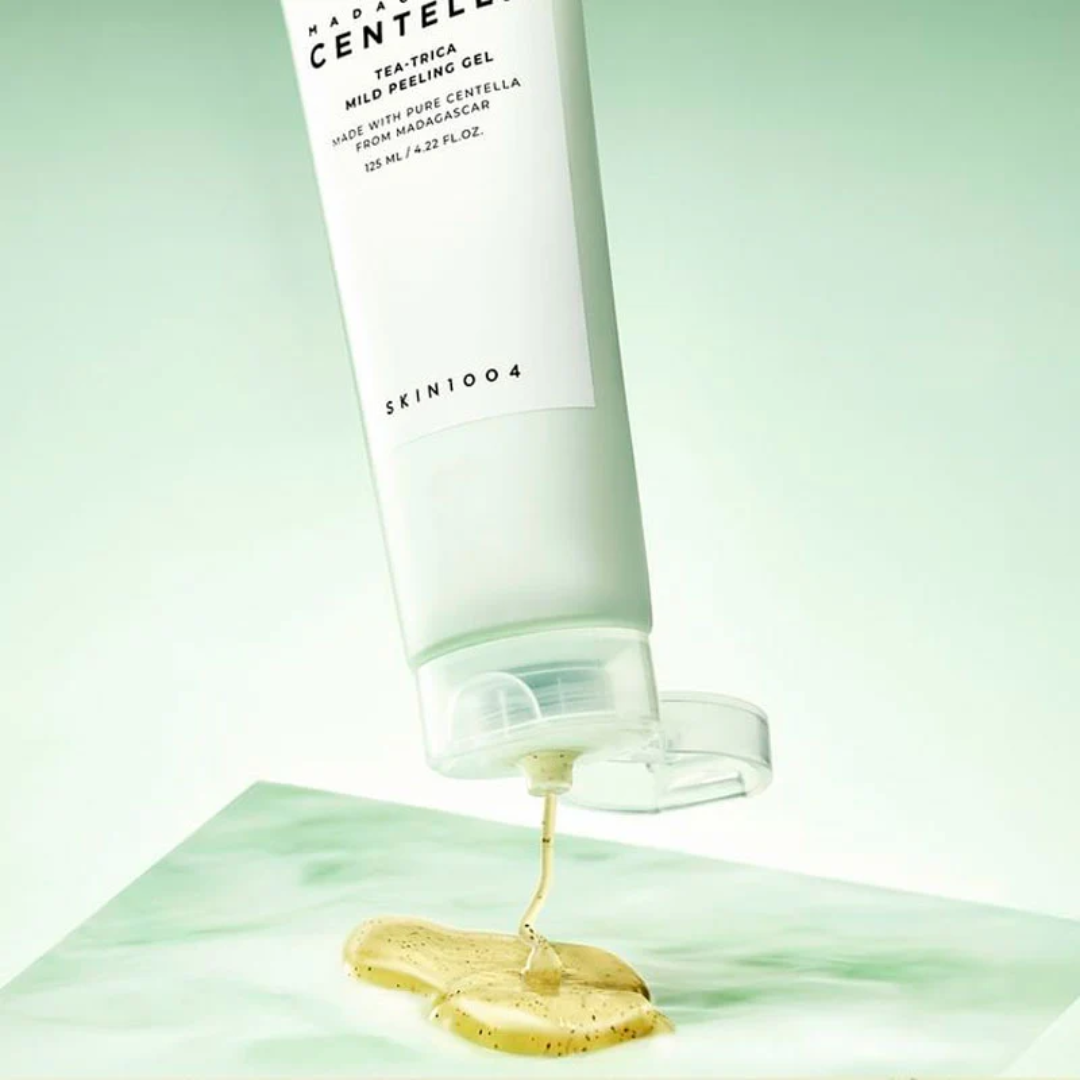 Skincare product with a label on a light green background