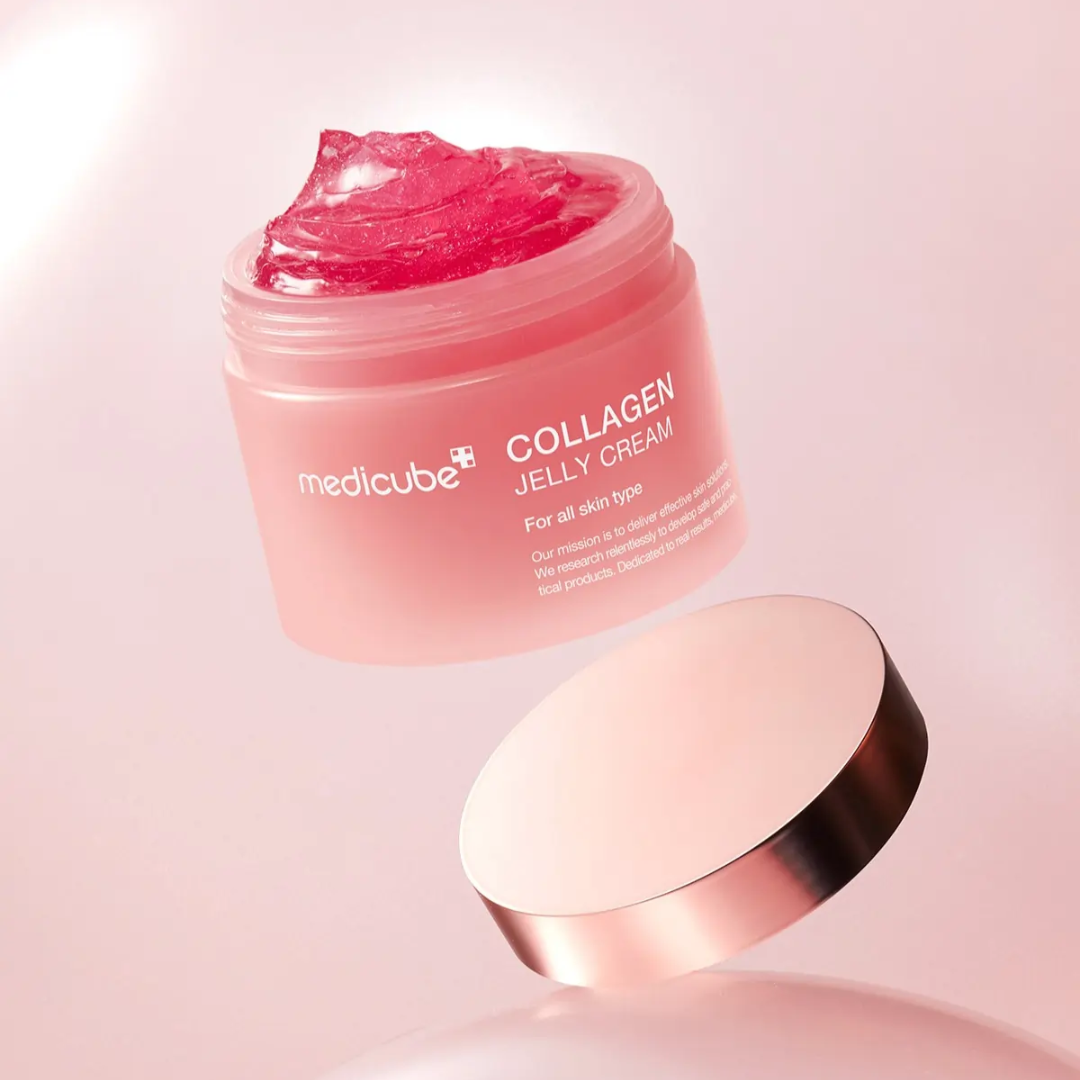 Pink jar of Medicube Collagen Jelly Cream on a light pink background