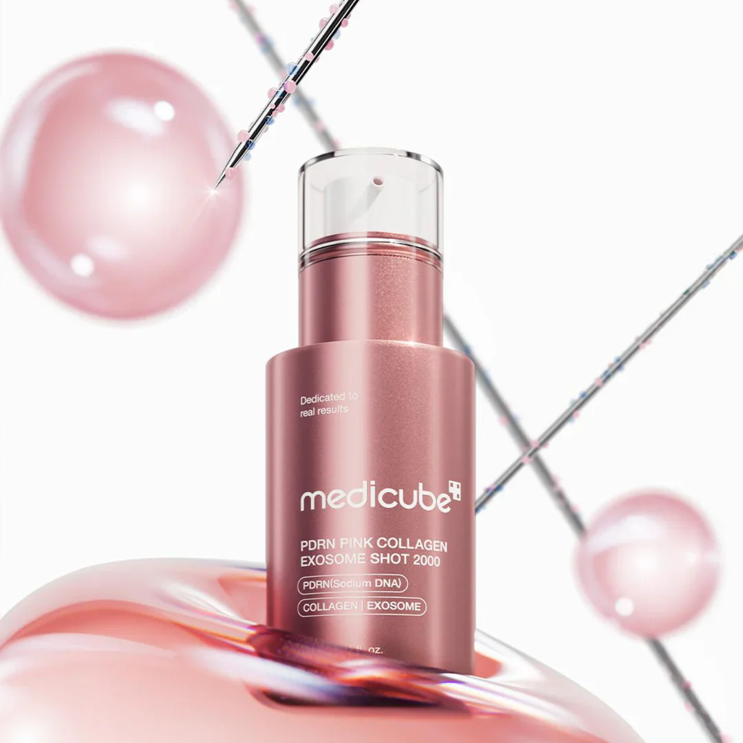 Medicube pink collagen product with pink bubbles on a white background