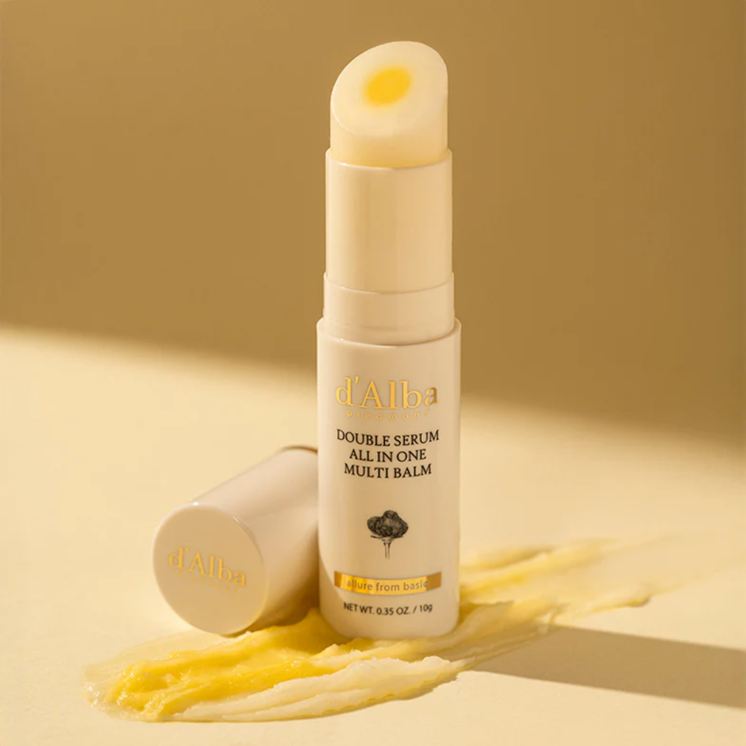 d'Alba double serum all-in-one multi balm on a beige background