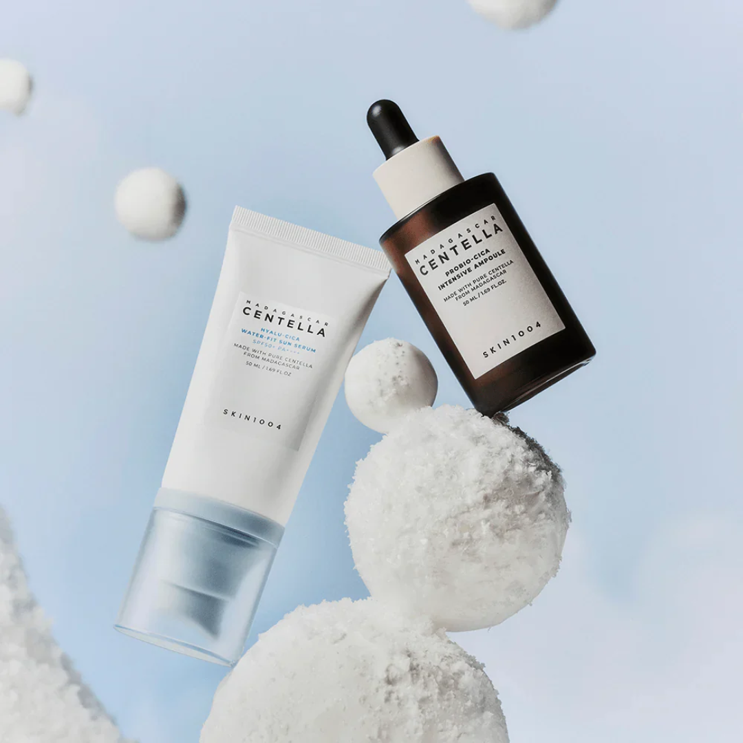 Two skincare products from the brand 'Skinceed' on a light blue background with decorative elements.