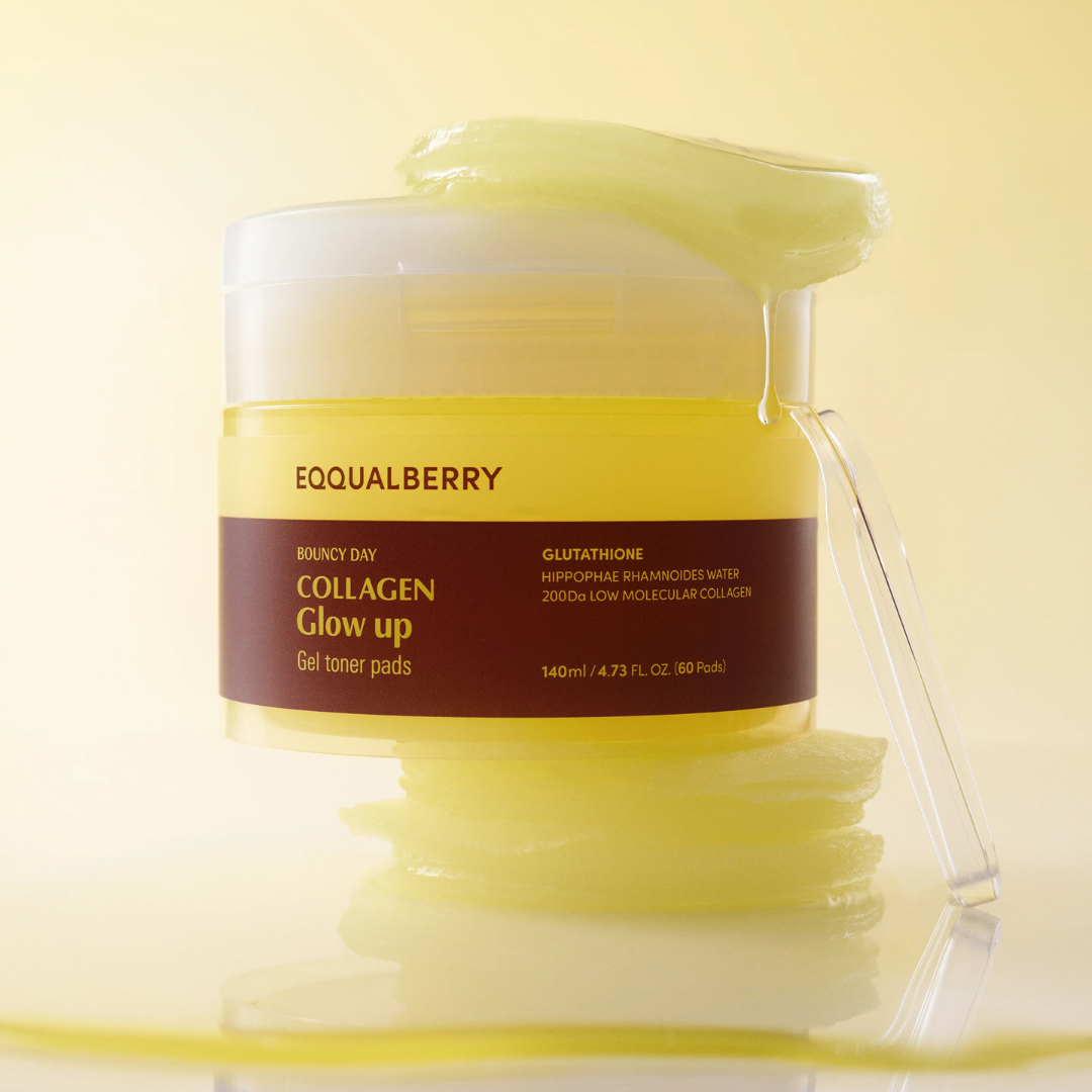 Jar of Eqqualberry collagen glow-up gel toner pads on a yellow background