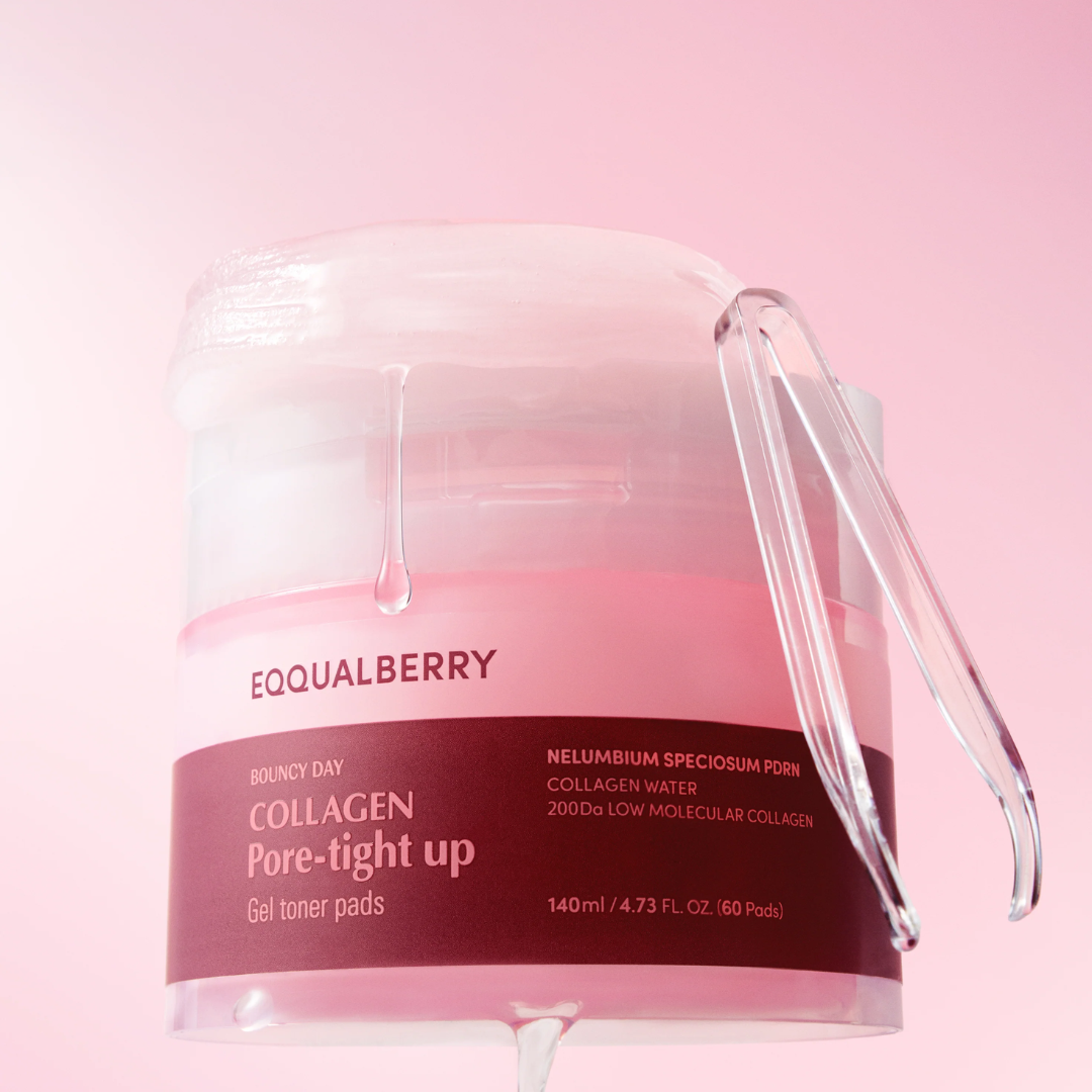 Collagen toner pads container with pink lid on a pink background