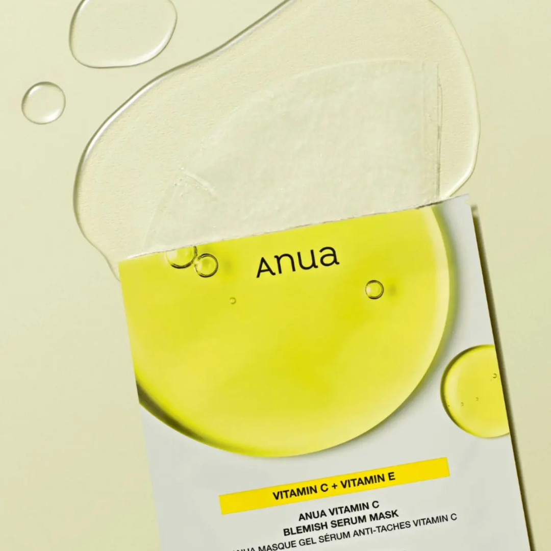 Anua Vitamin C+Vitamin E skincare mask on a beige background