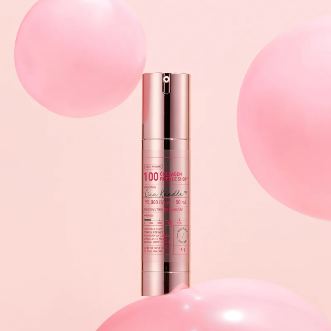Skincare serum bottle with pink and beige background