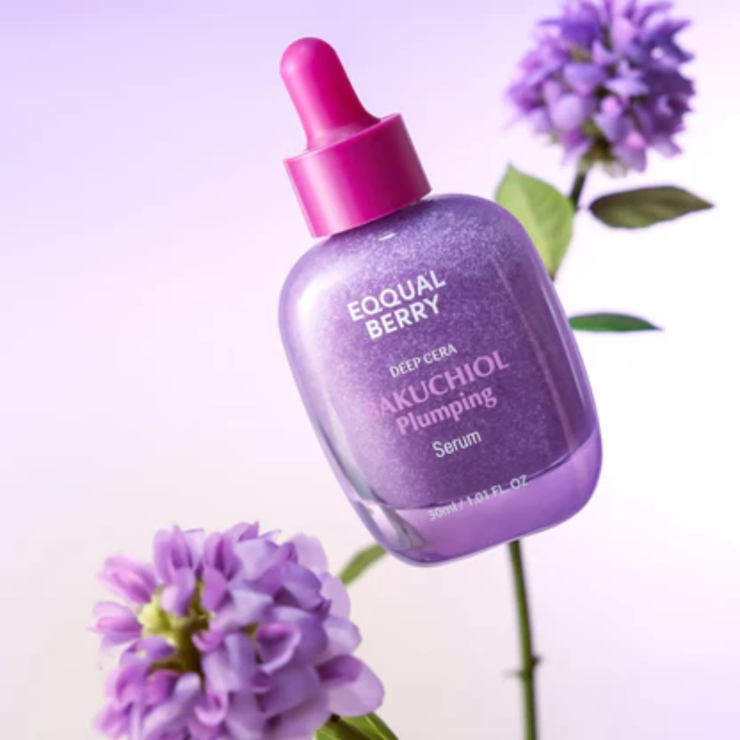 Purple serum bottle with pink dropper labeled 'Equal Berry' against a light purple background with flowers.