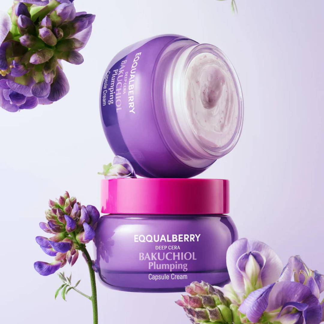 Two purple skincare jars with floral elements on a light purple background