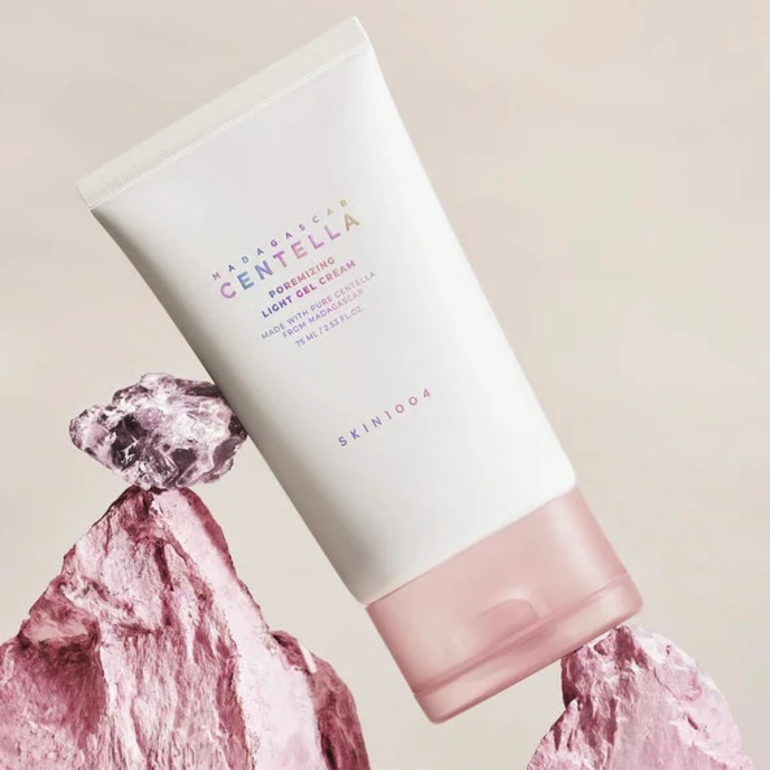 Centella Gel Cream bottle on pink rocks with light pink background