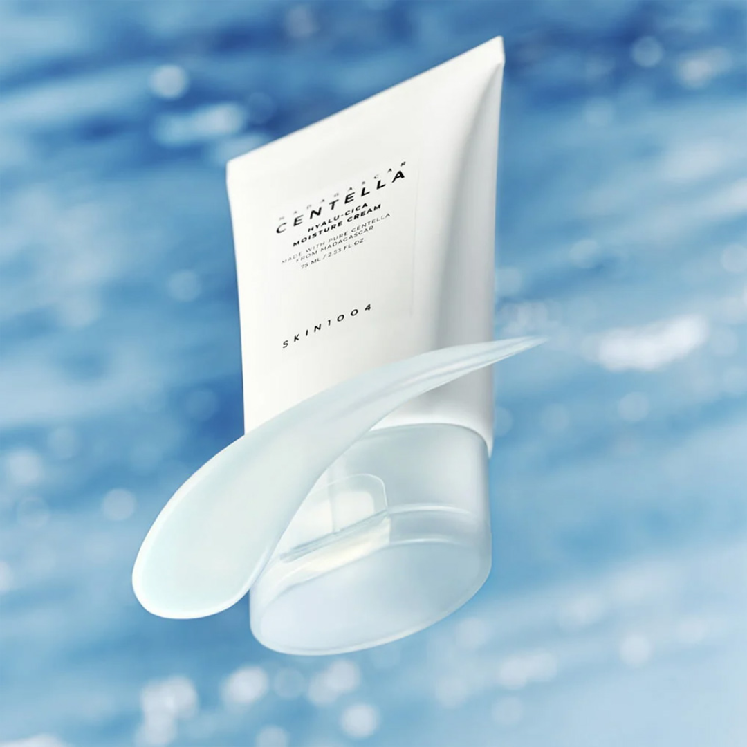 Skincare cream with Centella Asiatica on a blue water background