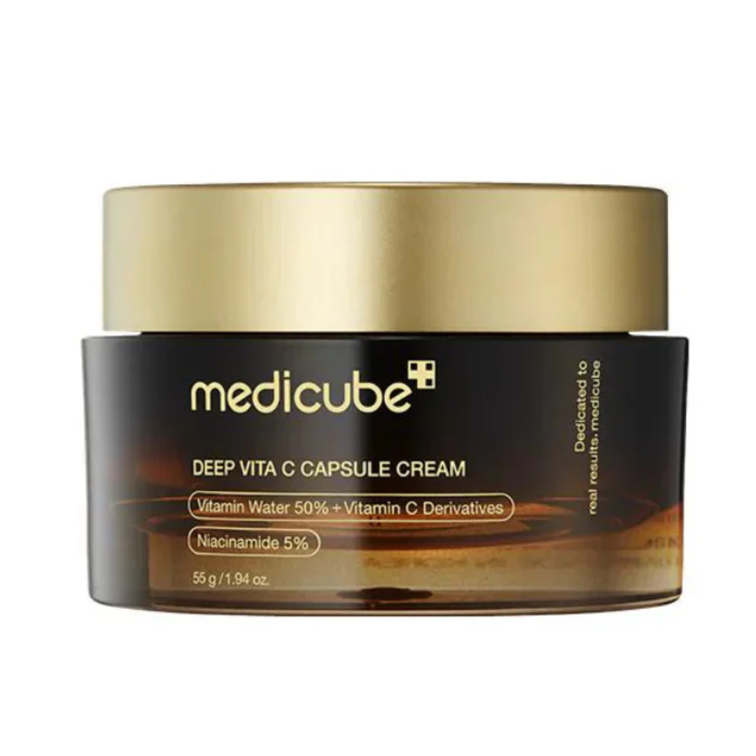 Medicube Deep Vita C Capsule Cream jar with gold lid on a white background