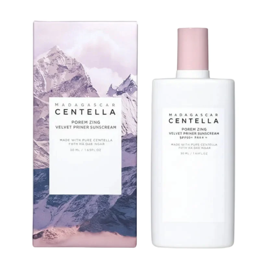 Madagascar Centella sunscreen bottle and packaging with mountain design