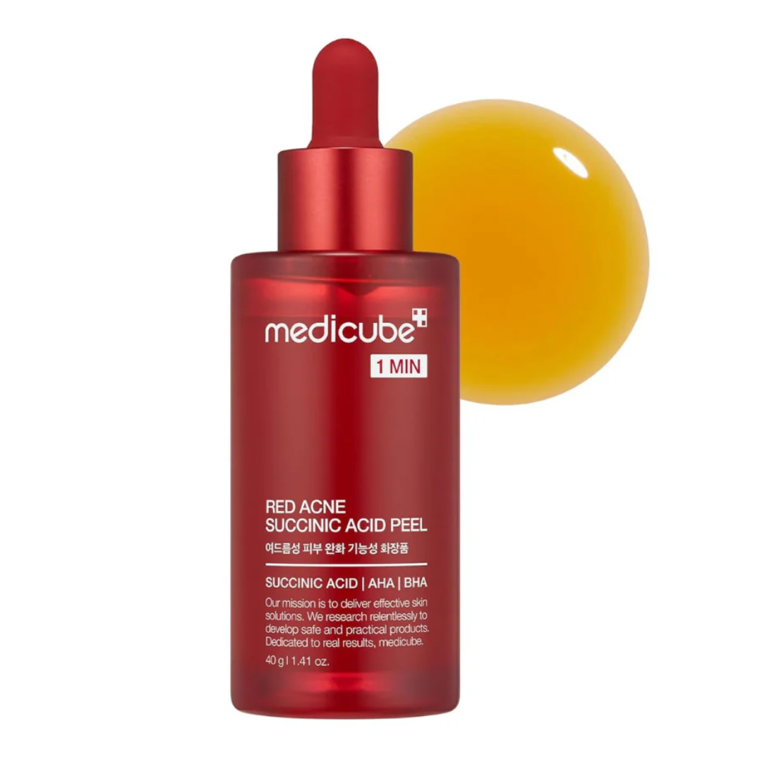 Red bottle of Medicube Red Acne Succinic Acid Peel with a yellow dropper on a white background