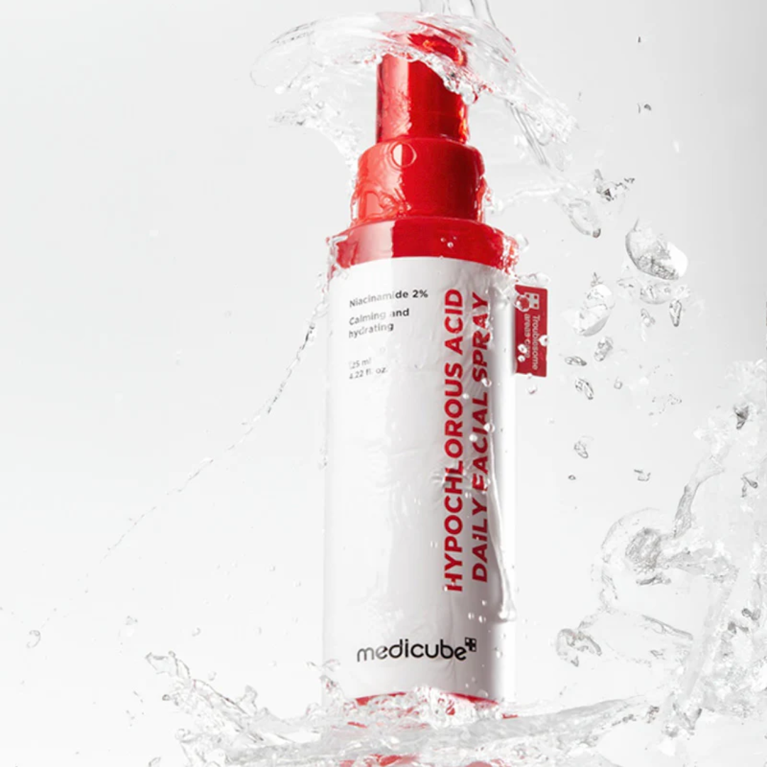 Hypochlorous Acid Daily Facial Spray bottle with red cap on a white background