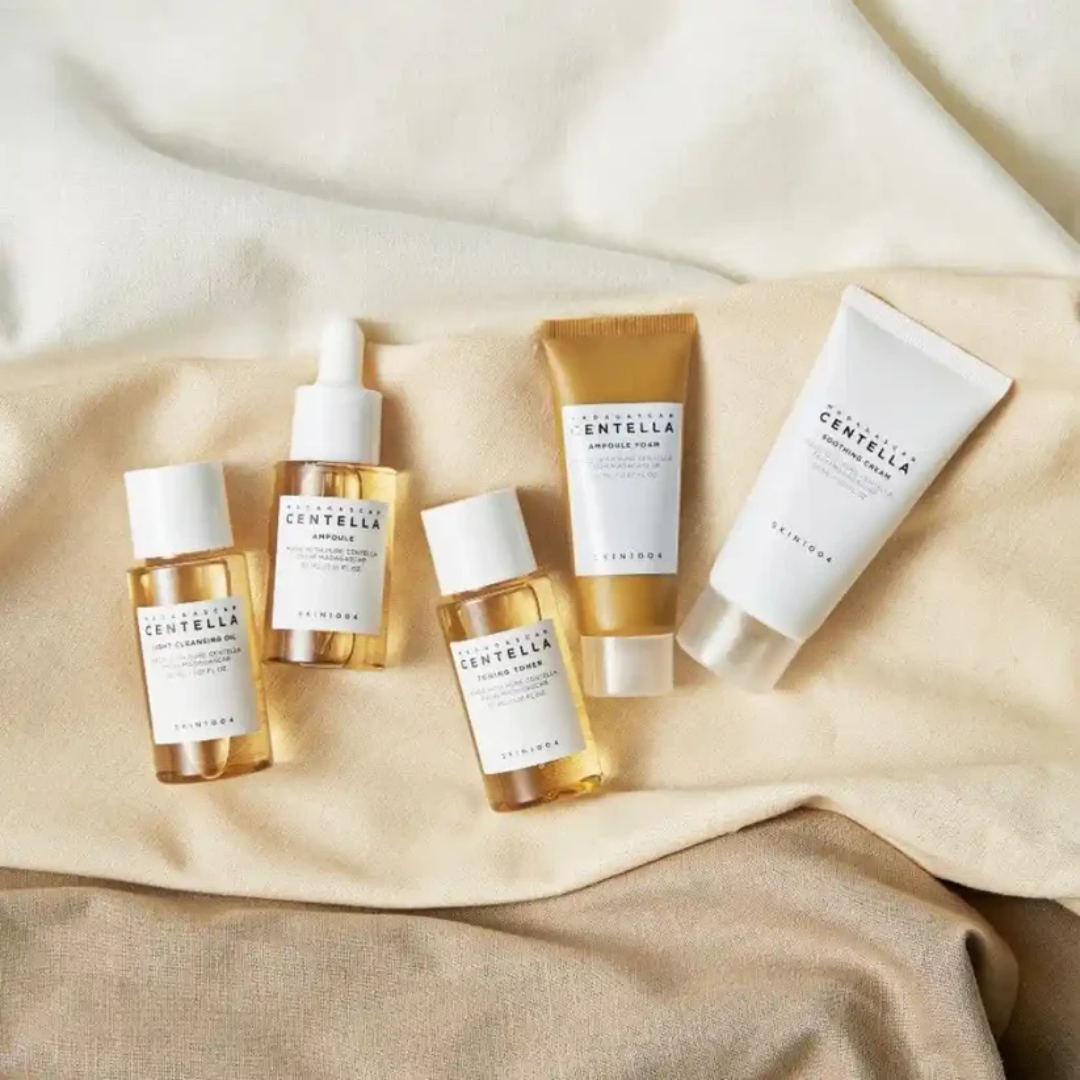 Set of skincare products from Clinella on a beige fabric background