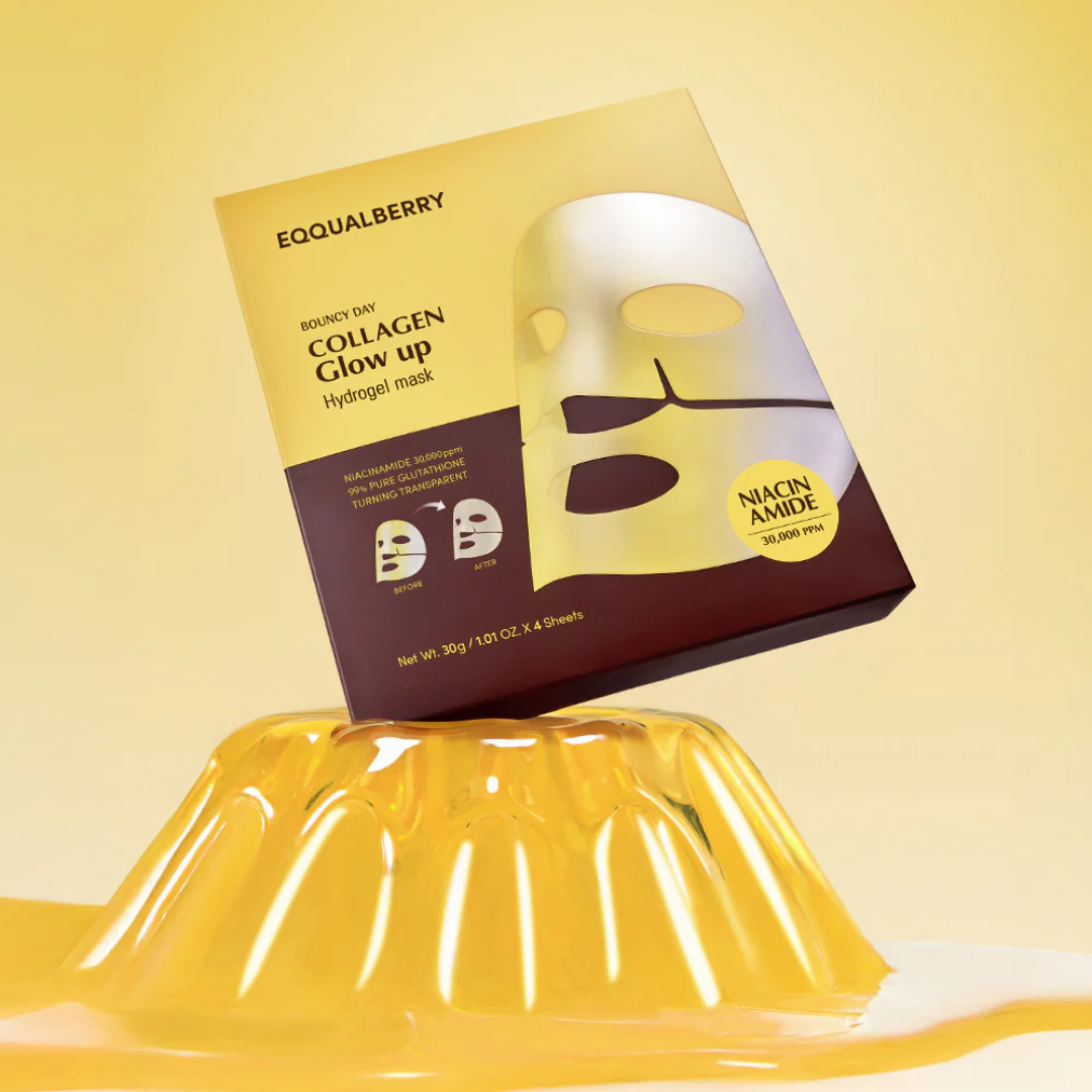 Collagen glow-up mask packaging with a yellow gel-like substance on a yellow background