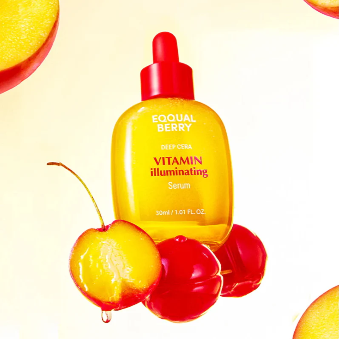Yellow serum bottle with red cap labeled 'Eqqual Berry' surrounded by cherry and berry slices on a yellow background