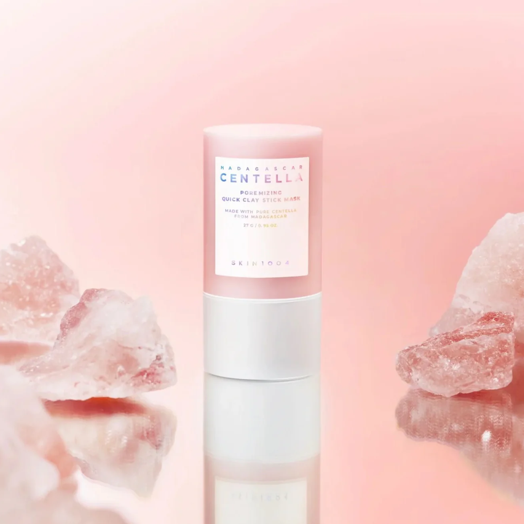 Skincare product with a pink background and crystal-like textures
