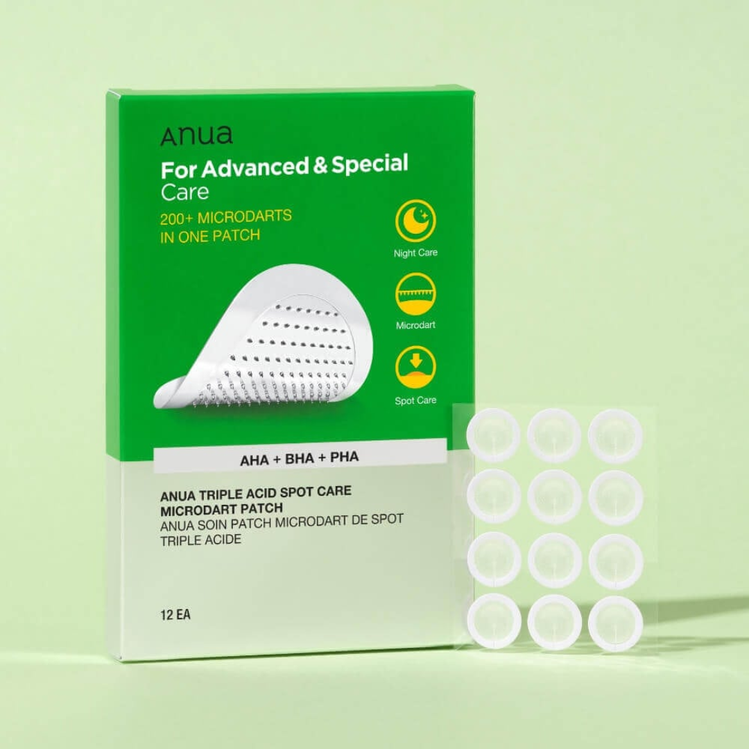 Anua triple acid spot care microdart patch packaging on a light green background
