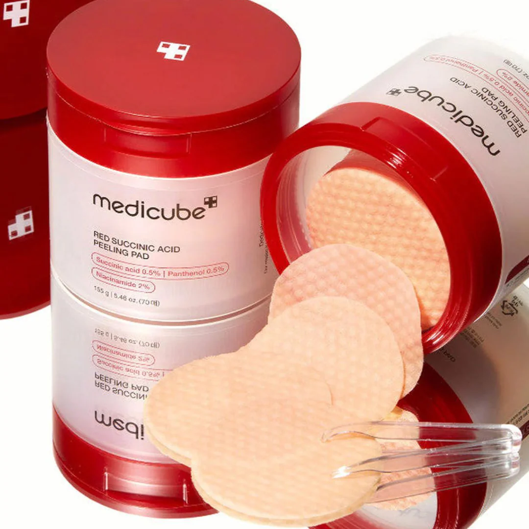 Medicube peeling pads with red container on a white background