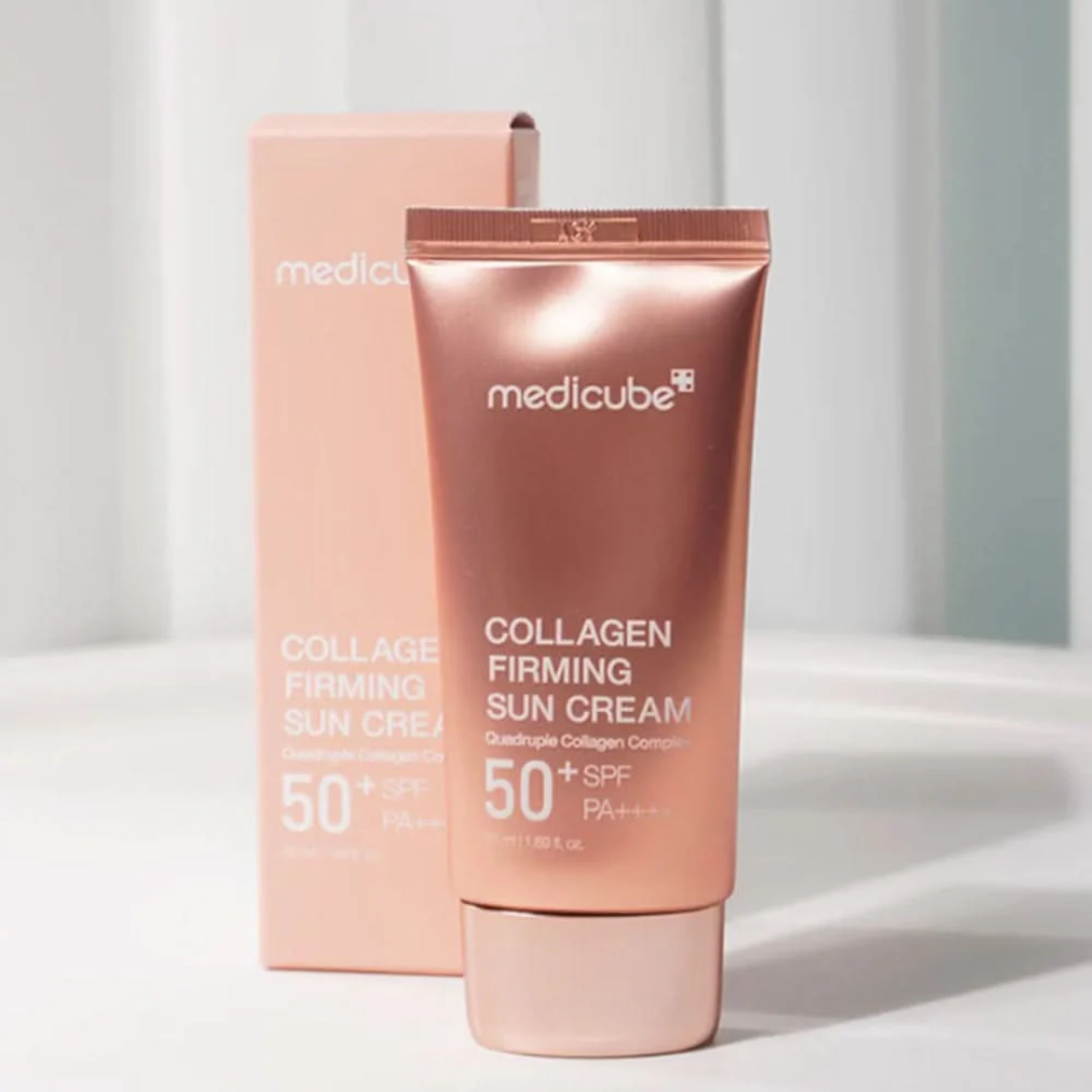 Medicube Collagen Firming Sun Cream tube with packaging on a light background