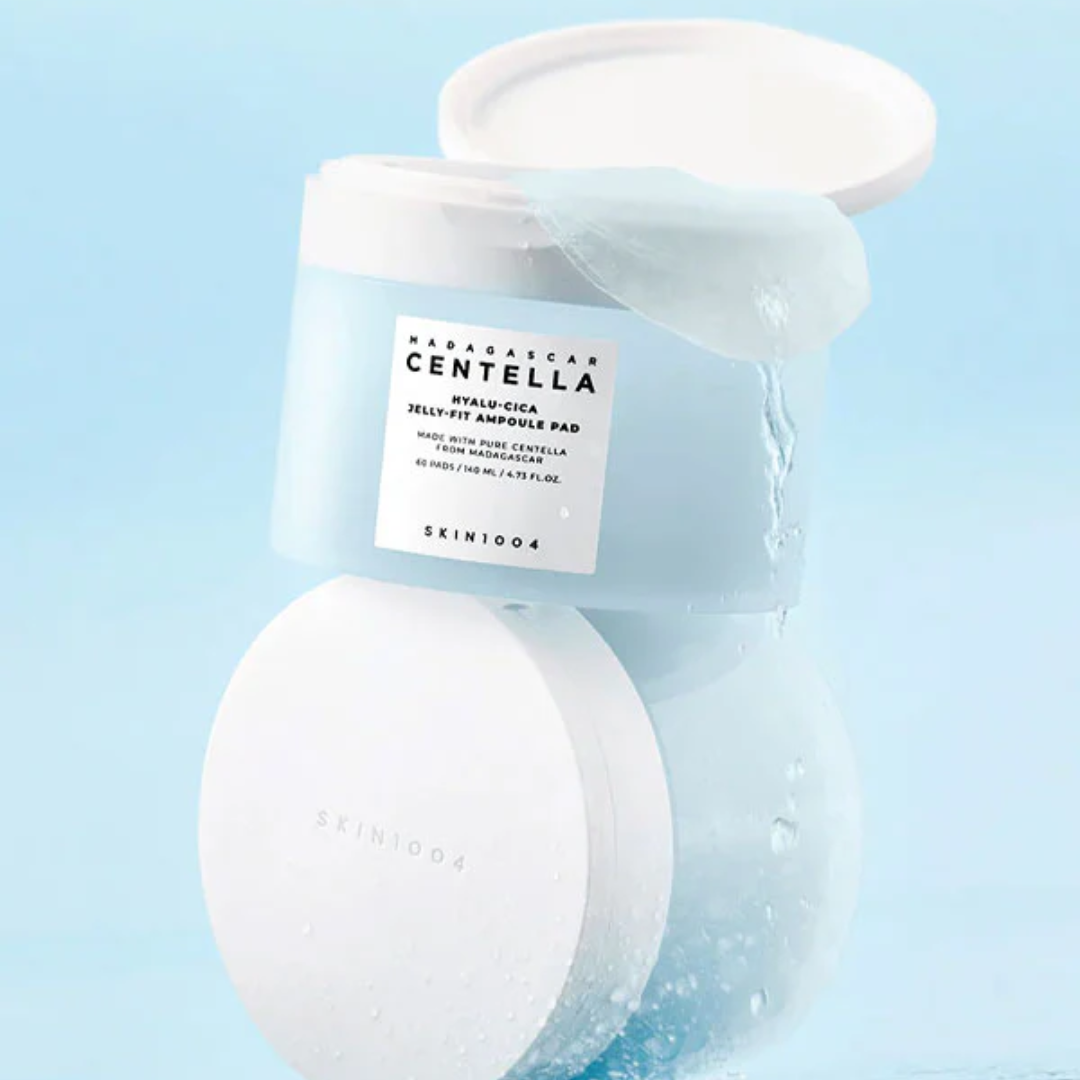 Skincare jelly pad with 'Skin1004' branding on a light blue background