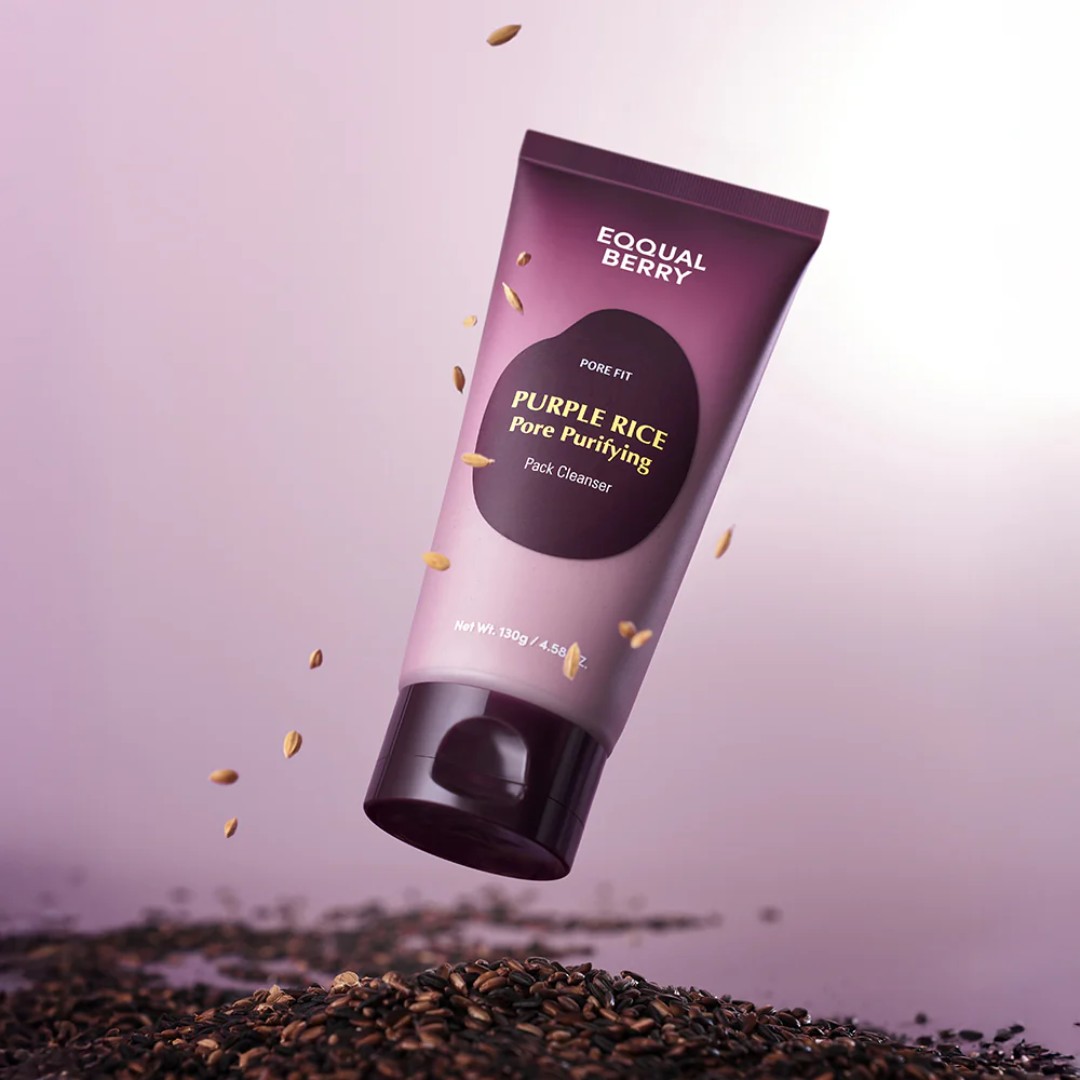 Tube of Equal Berry Purple Rice Pore Purifying Pack Cleanser on a purple background with scattered rice grains.