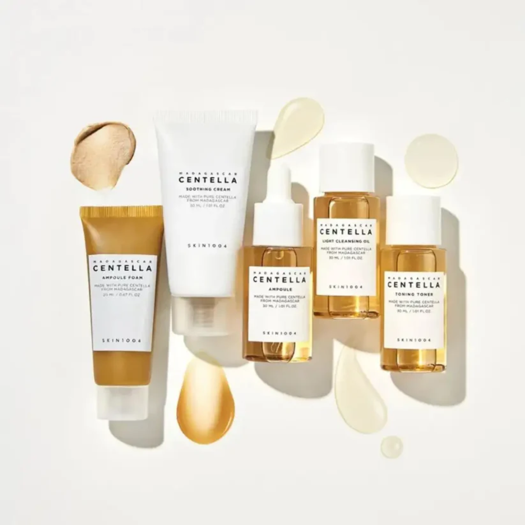 Collection of skincare products with 'Skinceed' branding on a light background