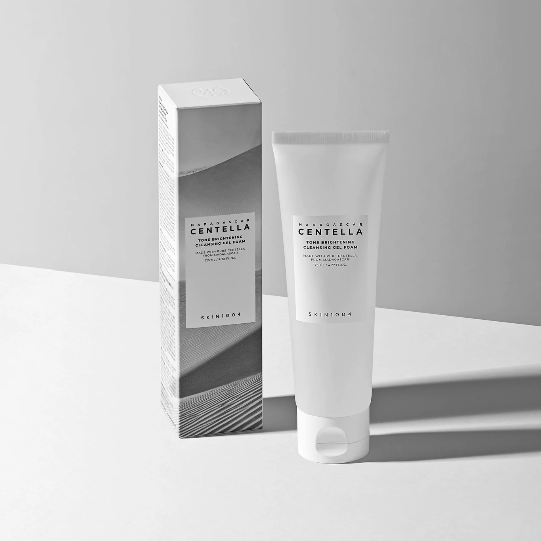 Skiniora Centella cleansing gel foam with packaging on a gray background