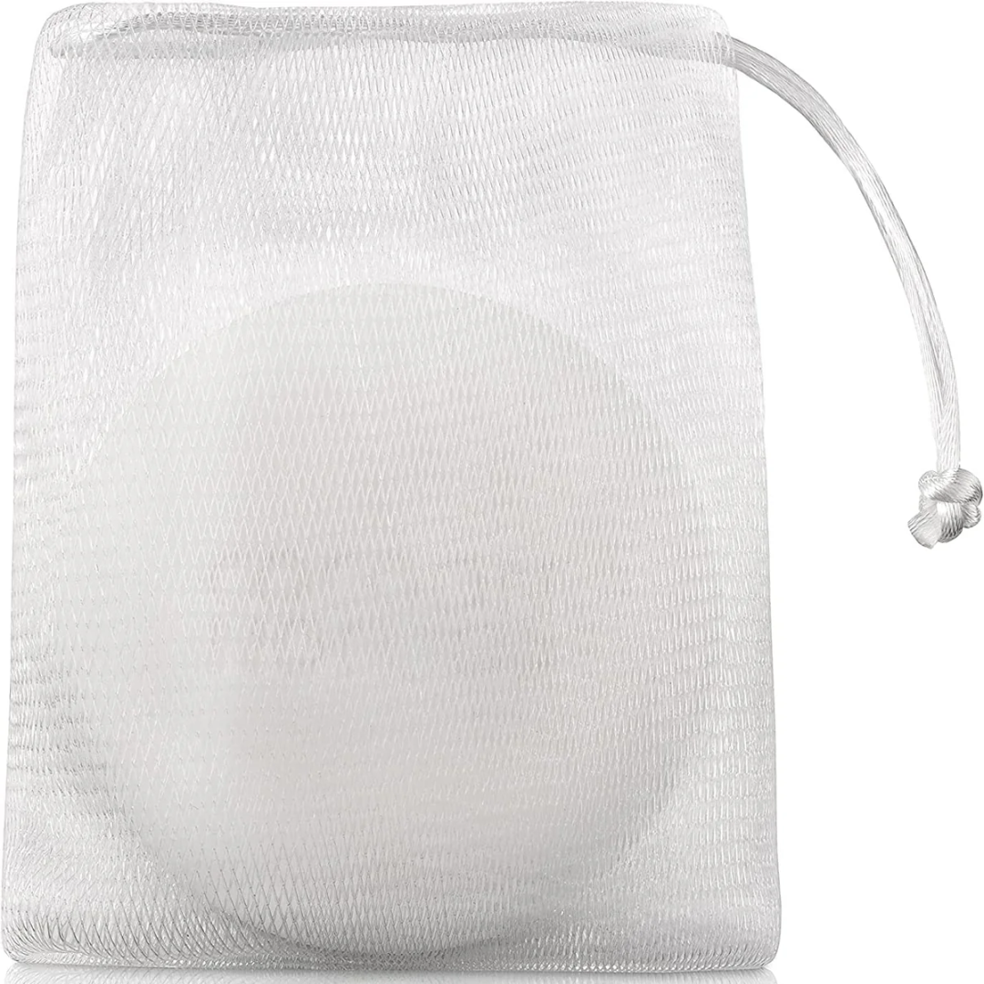 White mesh pouch with soap bar with drawstring on a white background