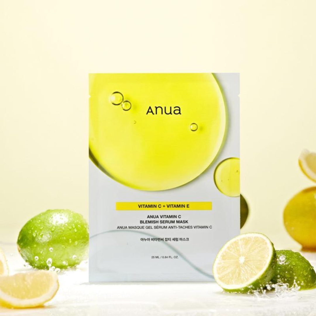 Anua Vitamin C + Vitamin E skincare mask with lime and green apple elements on a light background