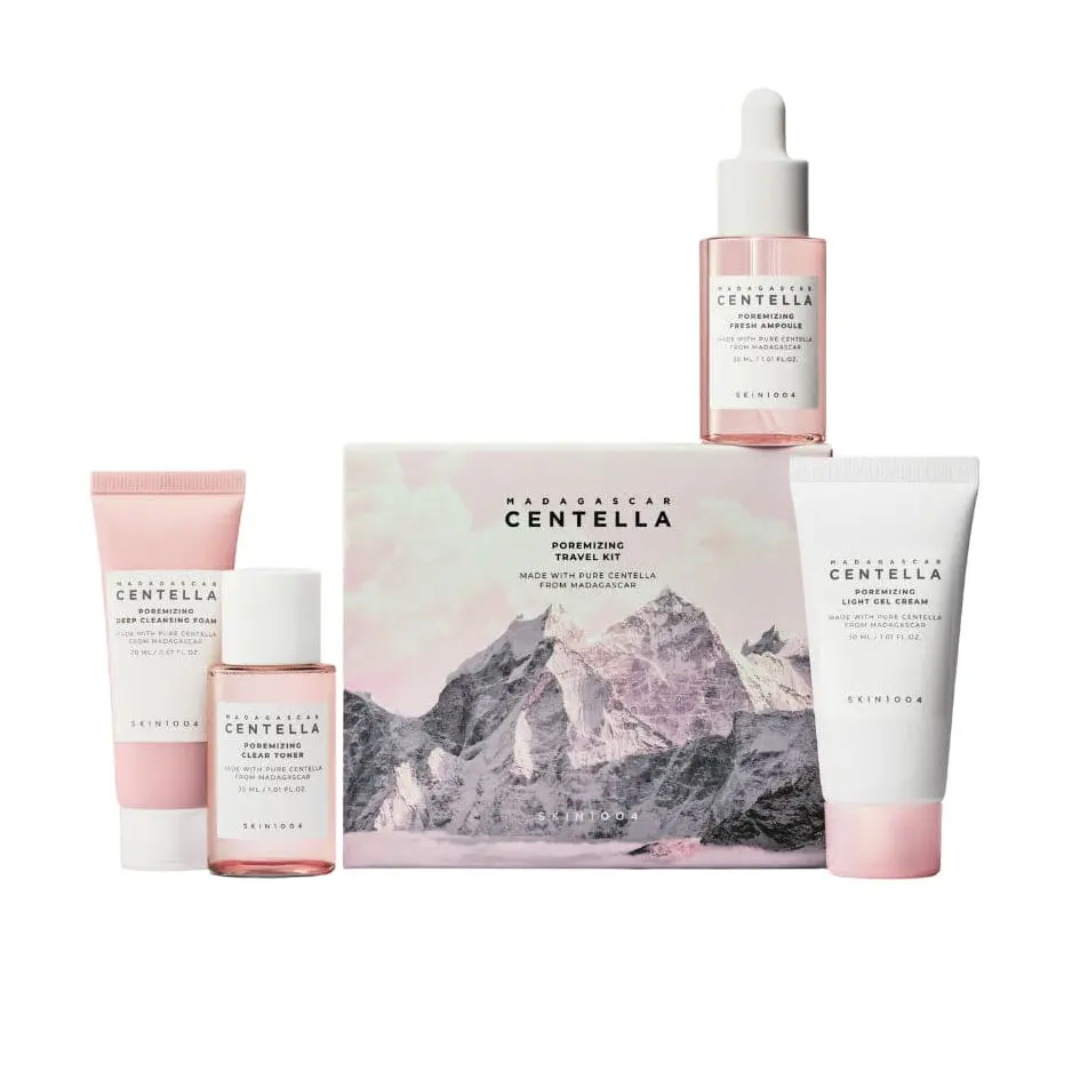 Set of skincare products with a box featuring mountain design and 'Centella' branding on a white background.