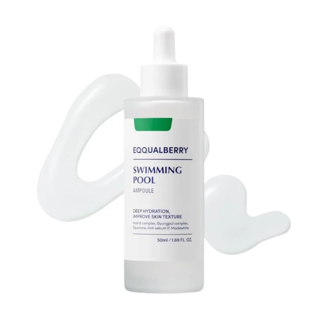 Skincare bottle labeled 'Equalberry Swimming Pool Ampoule' on a white background