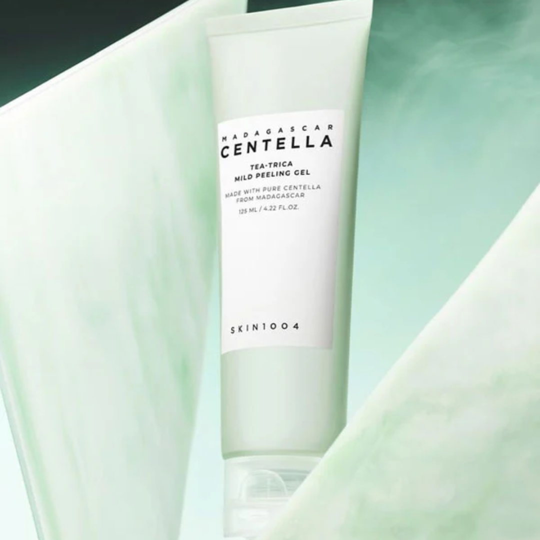 Skincare product with 'SKIN1004' branding on a light green fabric background