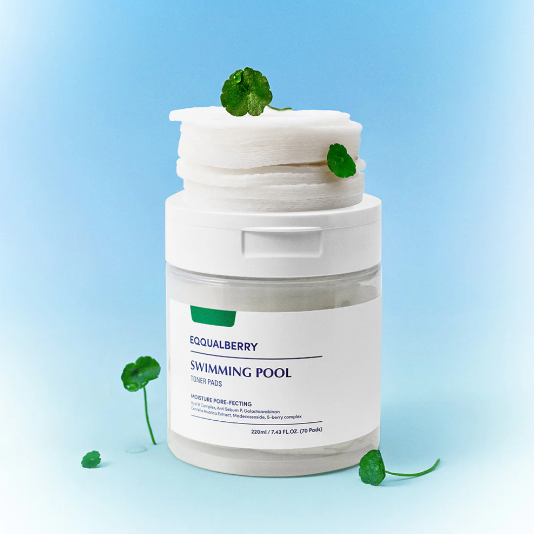 Skincare product with 'EQualberry' branding on a light blue background