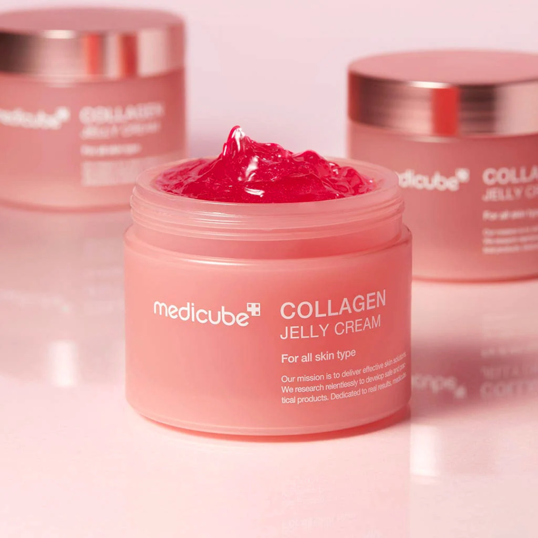 Pink jar of Medicube Collagen Jelly Cream on a light pink background
