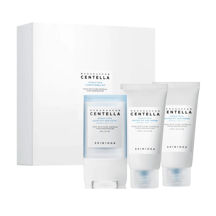 Set of skincare products with branding on a white background