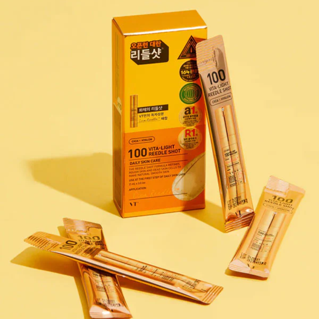 Packaging of 100 Vita-Light Needle Shot with a yellow background