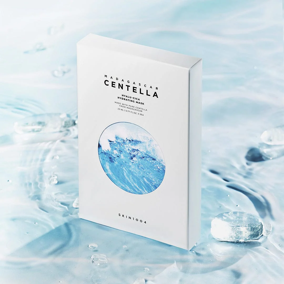 Skincare product packaging with 'Madagascar Centella' on a water background