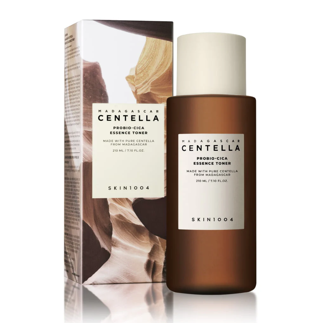 SKIN1004 Madagascar Centella Probiotic Cica Essence Toner bottle and packaging on a white background