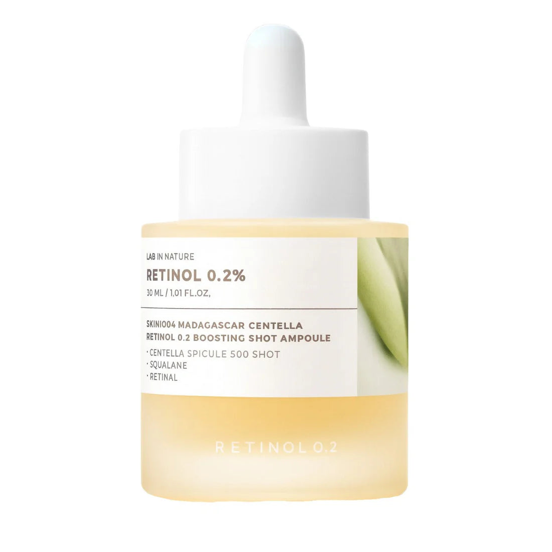 Skincare bottle with Retinol 0.2% label on a white background