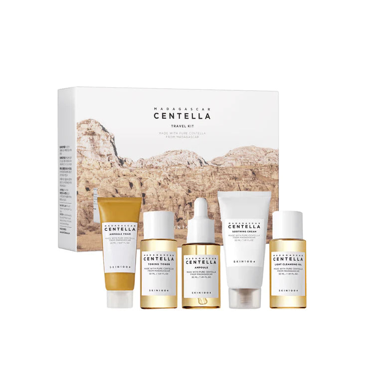 Skincare travel kit with products and packaging labeled 'Madagascar Centella' on a white background.