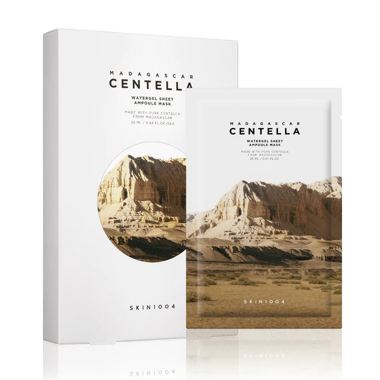 SKIN1004 Madagascar Centella watergel sheet mask packaging with desert landscape design.