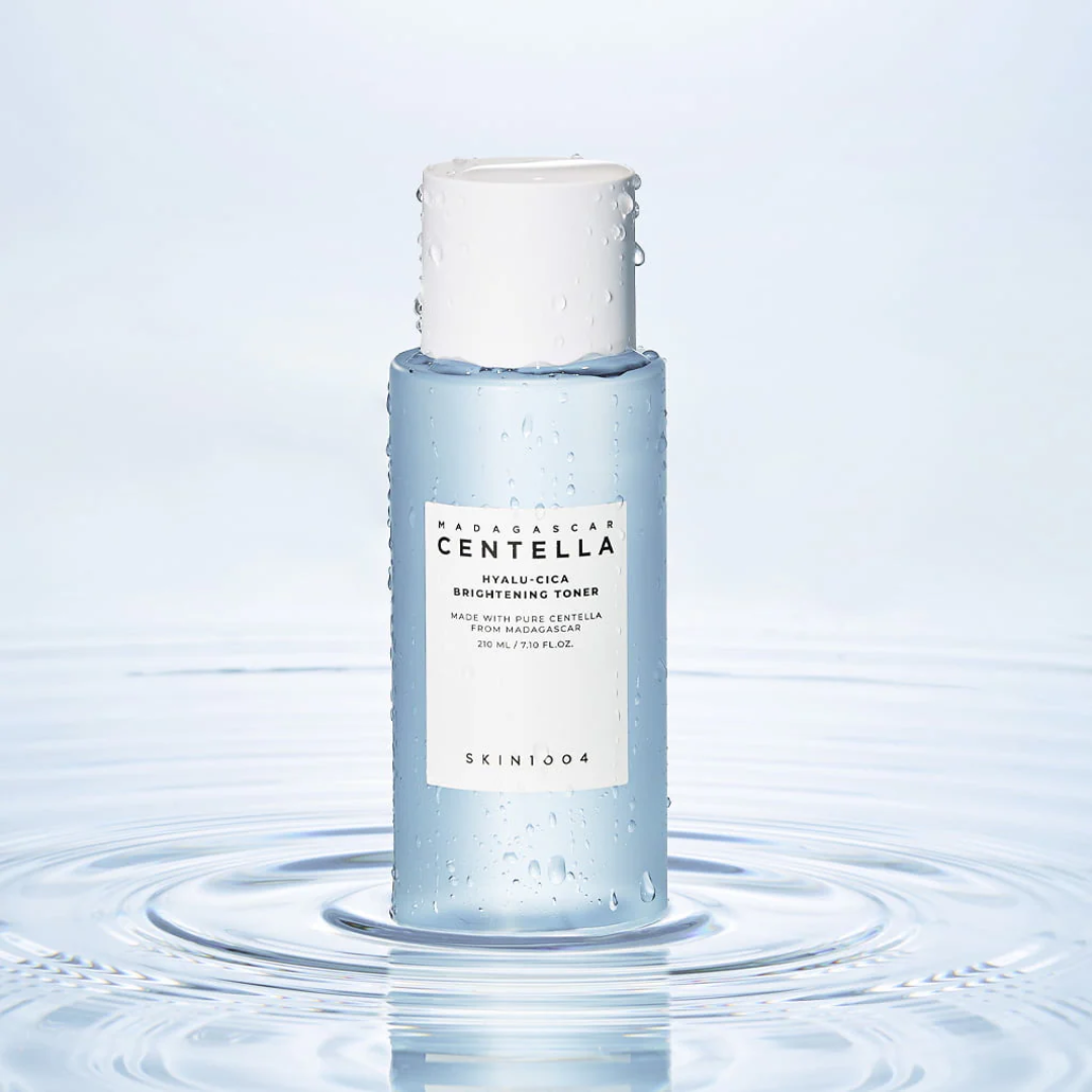 Skincare bottle with a label on a water surface