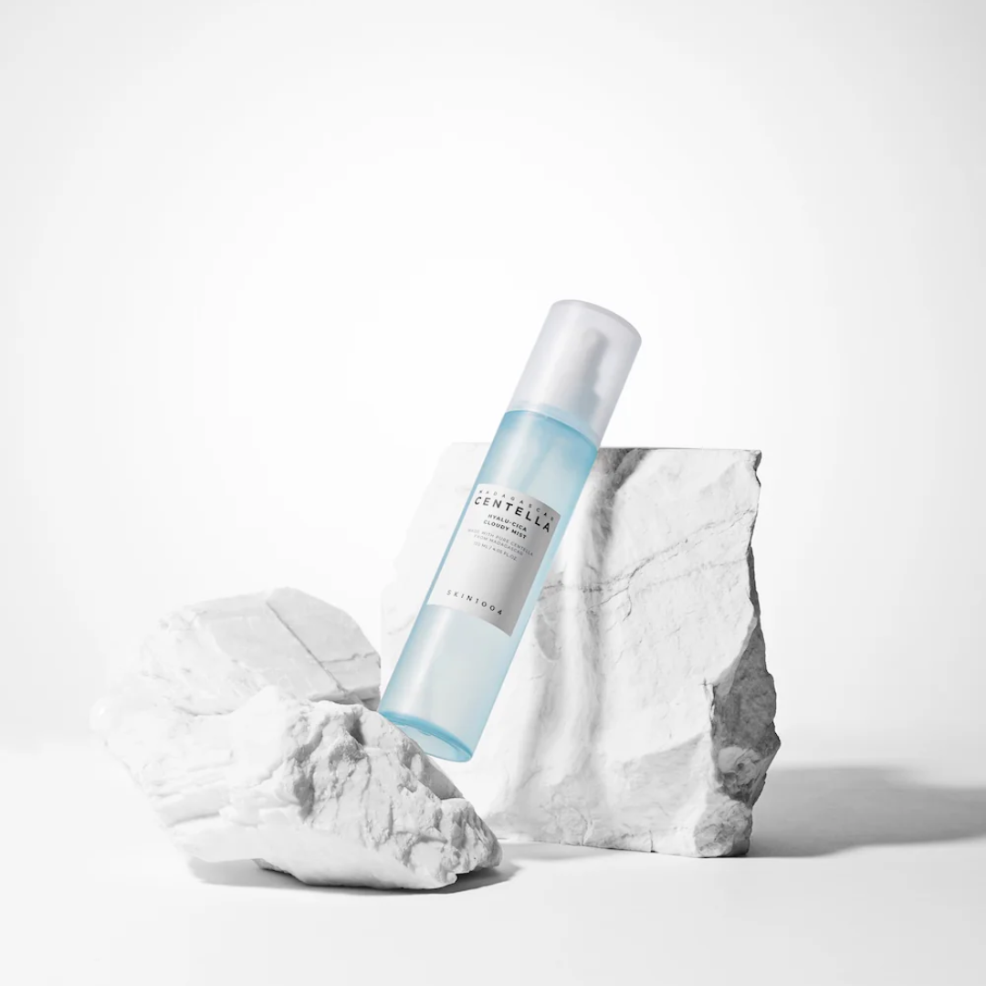 Skincare bottle with blue label on a white background
