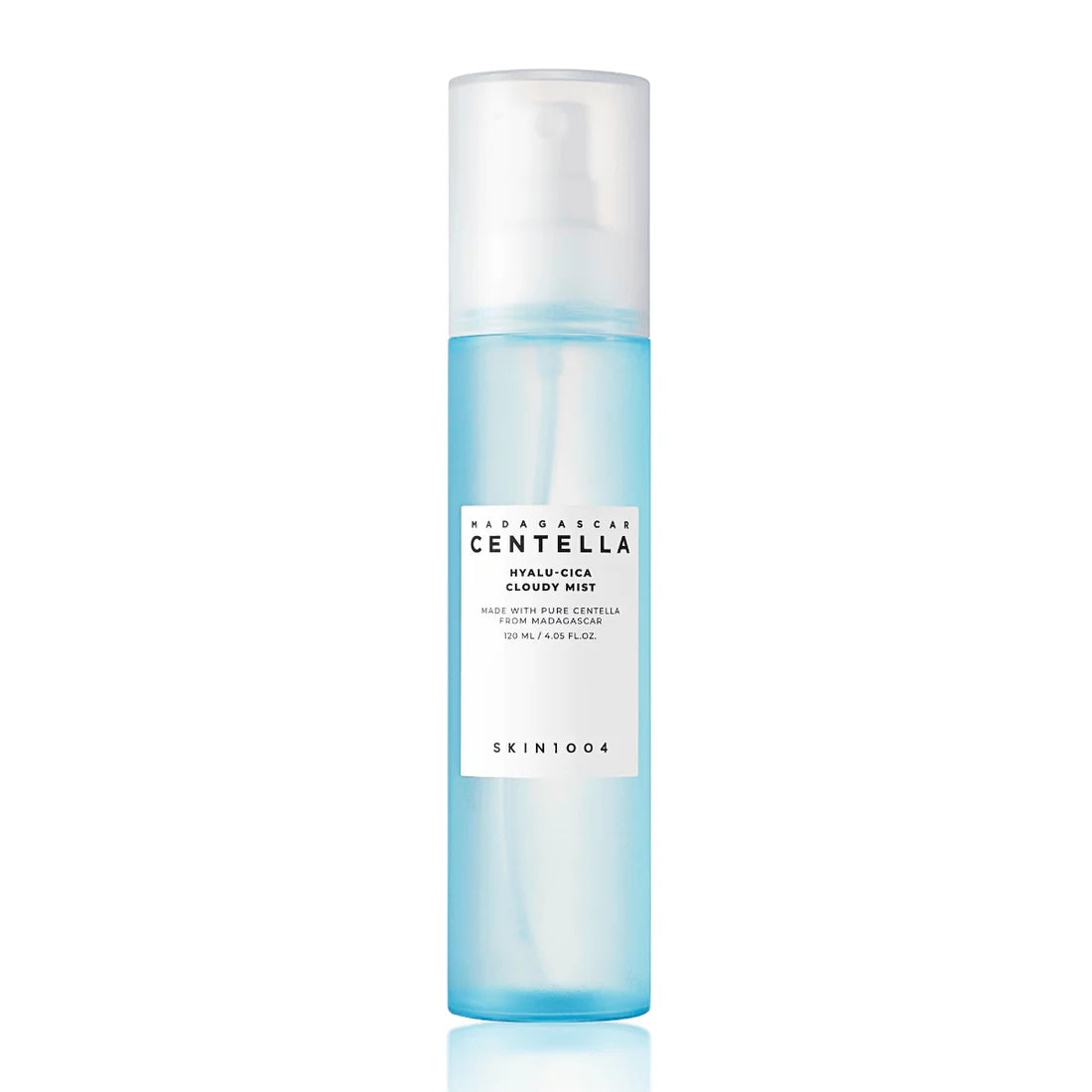 Blue mist spray bottle with white cap on a white background