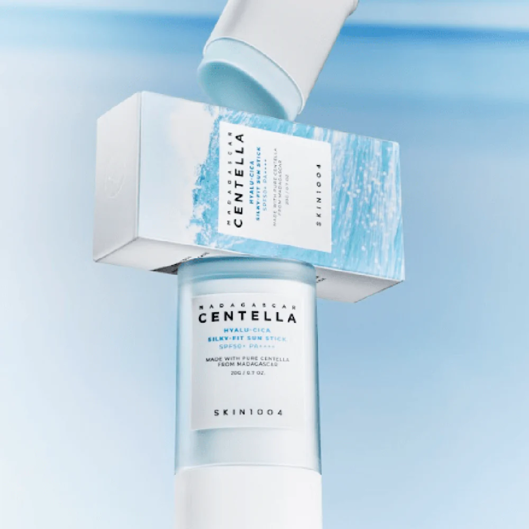 SKIN1004 Centella Asiatica Emulsion bottle and box on a light blue background