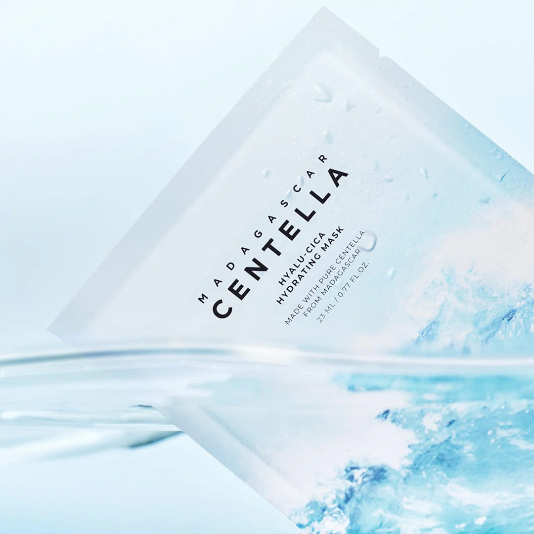 Madagascan Centella Hyaluronic Acid mask packaging on a light blue background