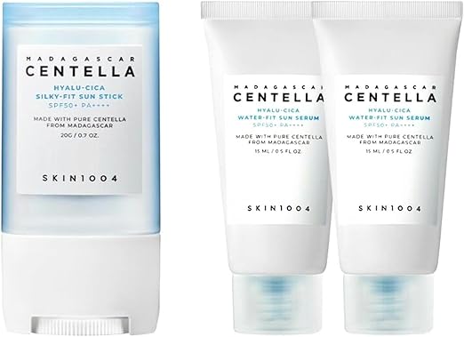 Three skincare products from SKIN1004 with 'Madagascar Centella' on the packaging.