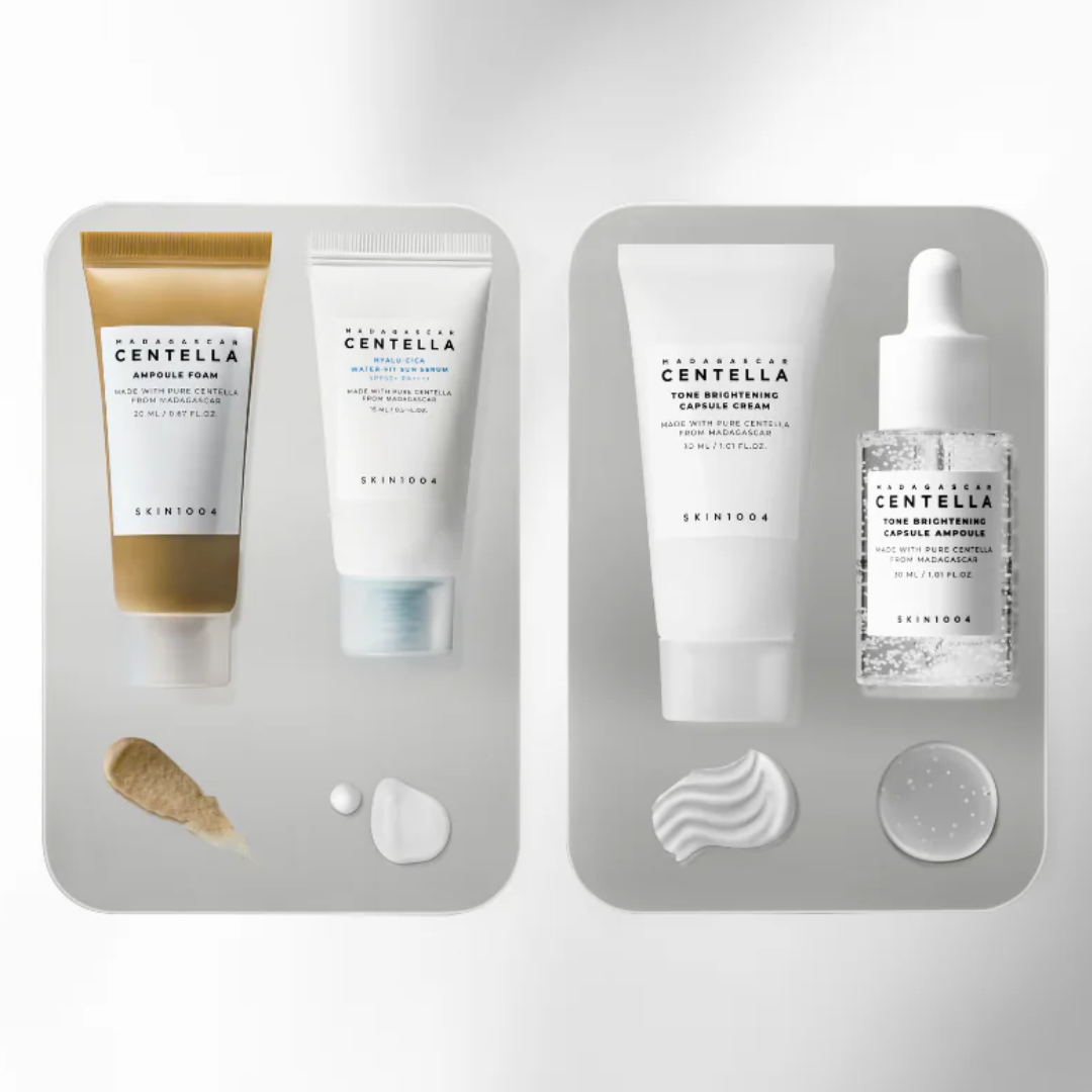 Set of skincare products on a gray background